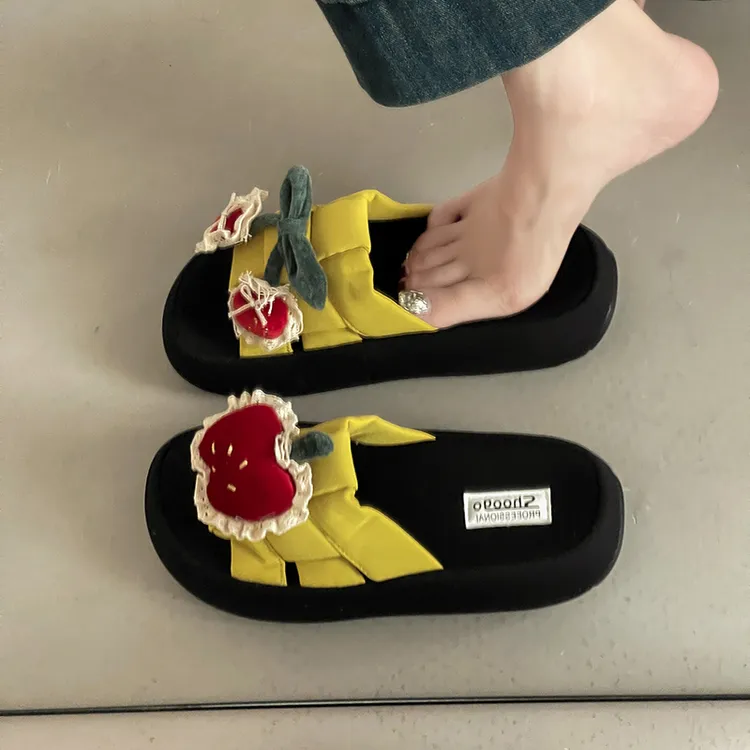 可爱少女心苹果蝴蝶结一字拖鞋女2025夏季编织新款外穿凉鞋凉拖鞋