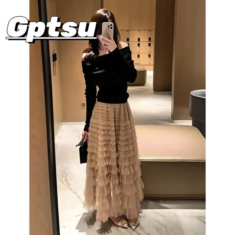 GPTSu咖色半身裙纱裙女长款高级感蓬蓬蛋糕裙2025春秋新款网纱裙