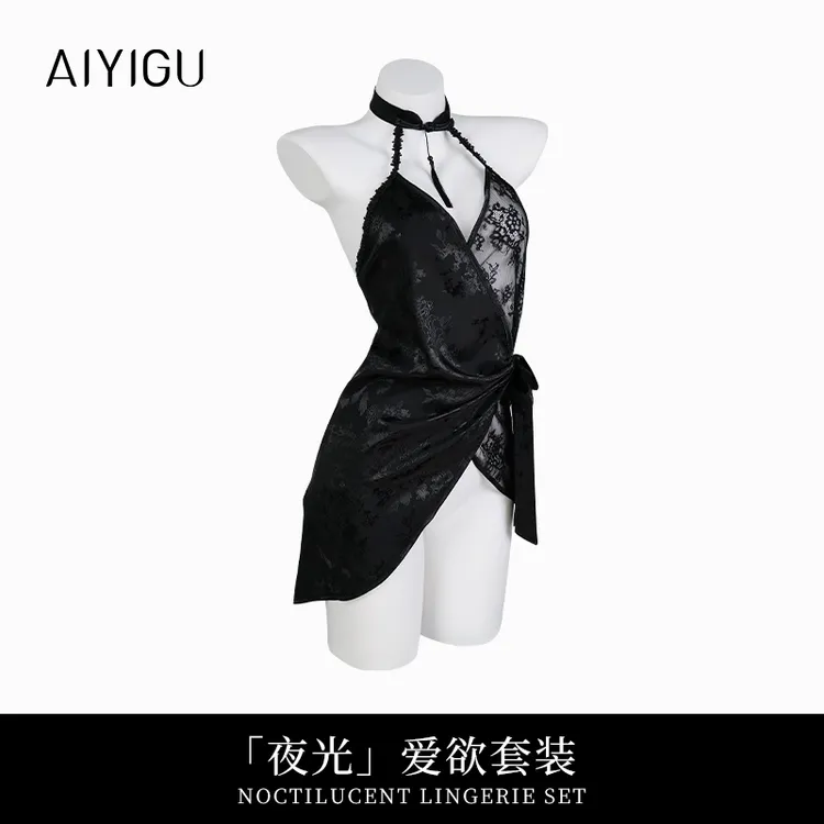 哎一沽夜光内衣蕾丝睡衣性感纯欲睡裙小胸显大缎面新中式黑色镂空