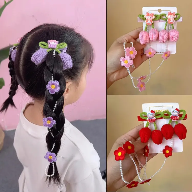 儿童卡通编发链珠珠流苏发夹小女孩公主头饰女童发卡头花对夹发饰
