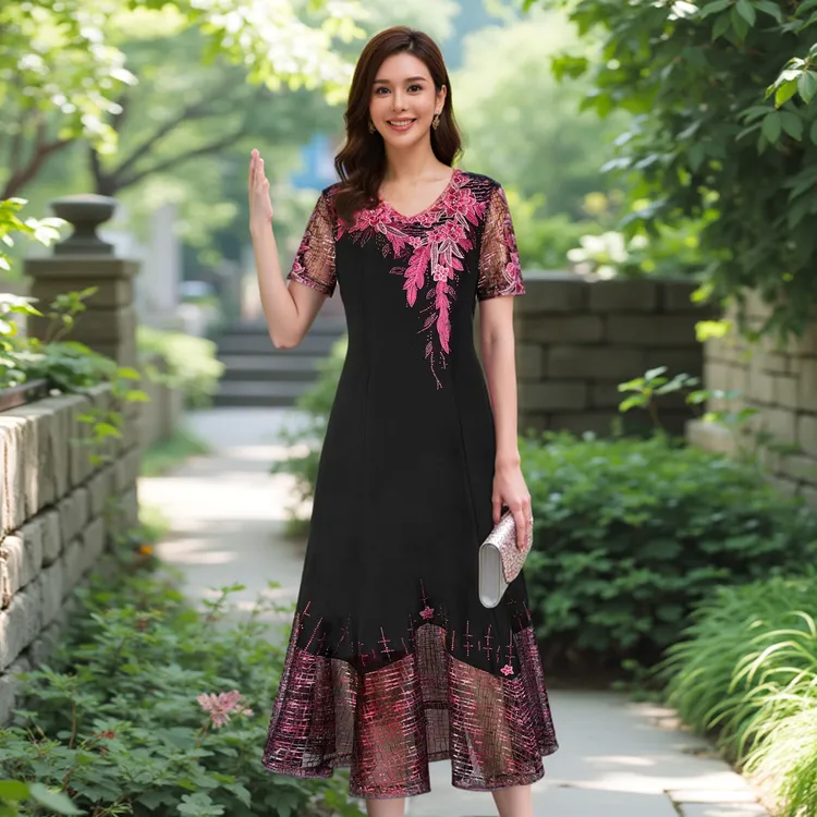 碧阳V领刺绣夏季连衣裙显瘦蕾丝高贵绣花大码时尚妈妈女装66029