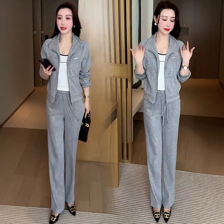 时尚休闲运动套装女2025春季新款洋气显瘦立领开衫阔腿裤两件套潮