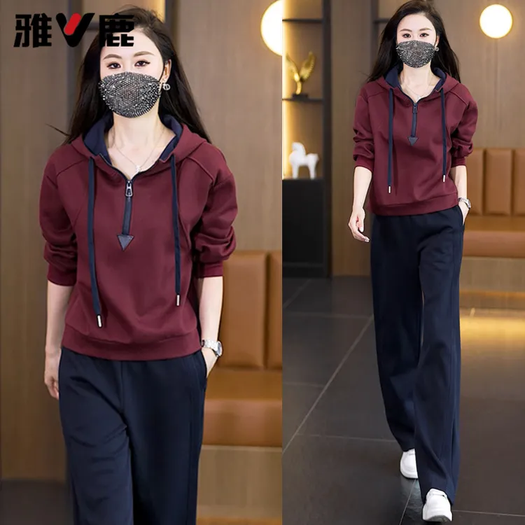 雅鹿时尚套装女韩版长袖连帽宽松卫衣窄版阔腿卫裤两件套潮