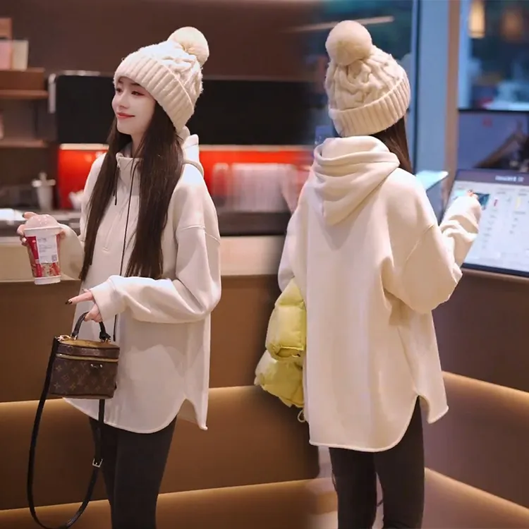 小个子韩版连帽加绒加厚中长款卫衣外套女休闲宽松时尚打底衫上衣