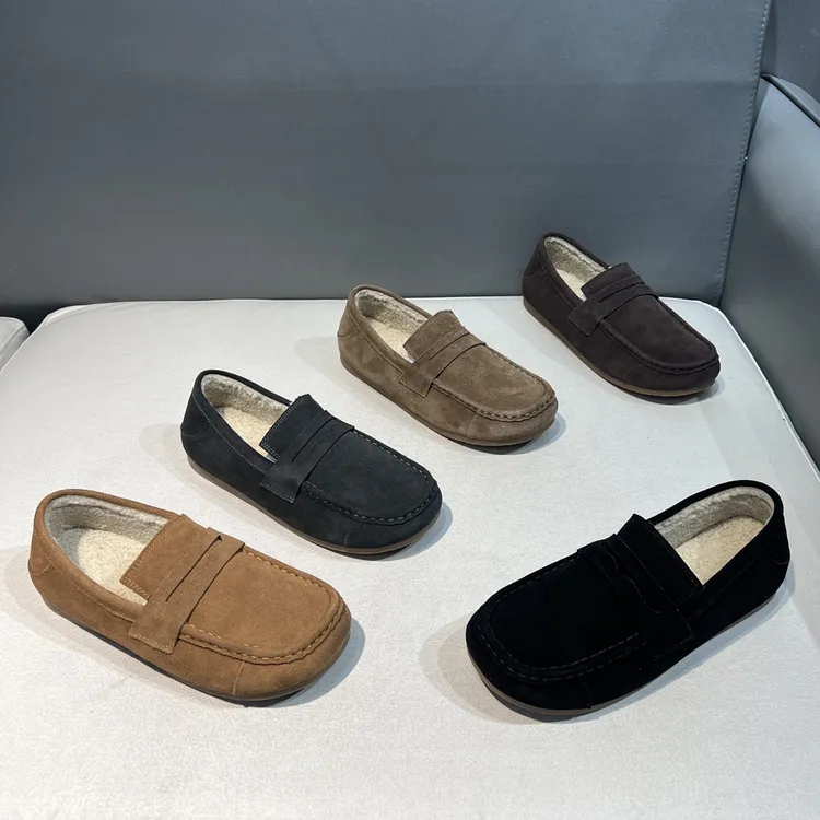 真皮翻毛皮豆豆鞋乐福鞋纯色懒人鞋时尚舒适一脚蹬冬季加绒保暖男