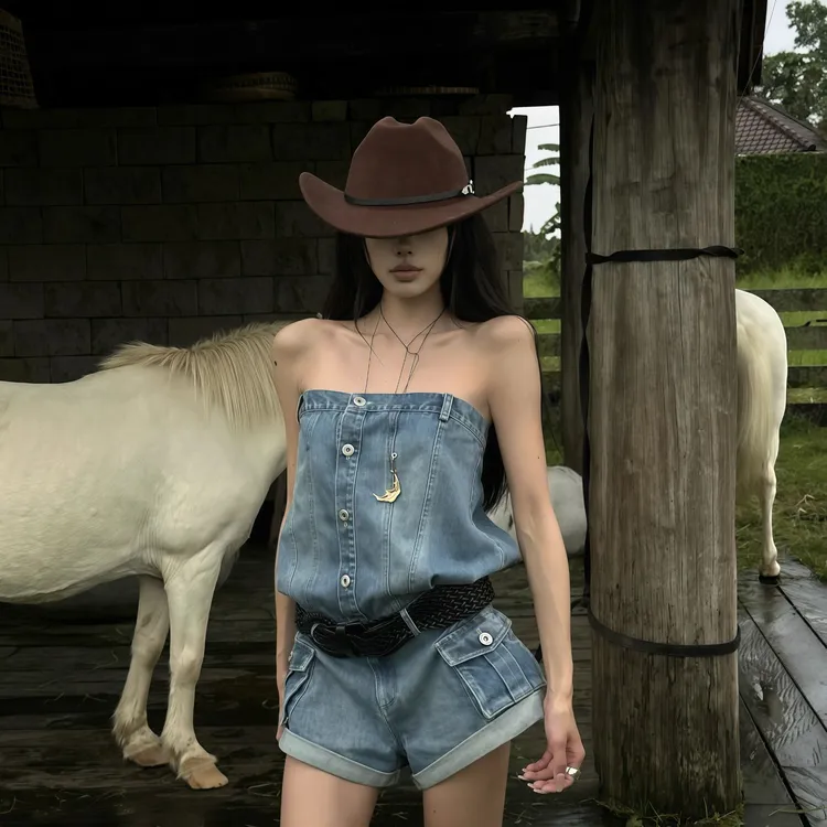 辣妹穿搭百搭短裤夏季新款时尚设计感宽松蓝色演唱会牛仔连体裤