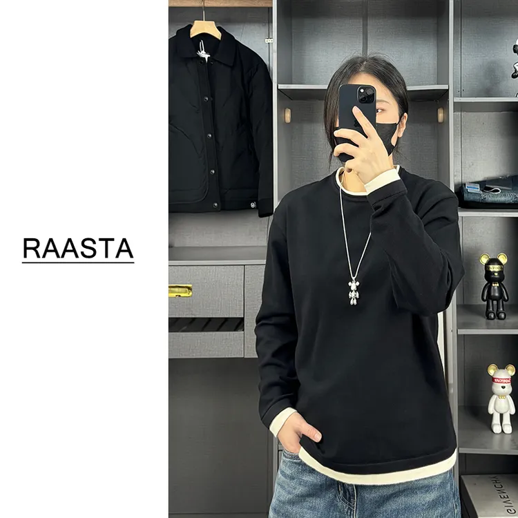 秋冬纯色简约拼接圆领打底毛衣男长袖T恤休闲潮流宽松假两件百搭