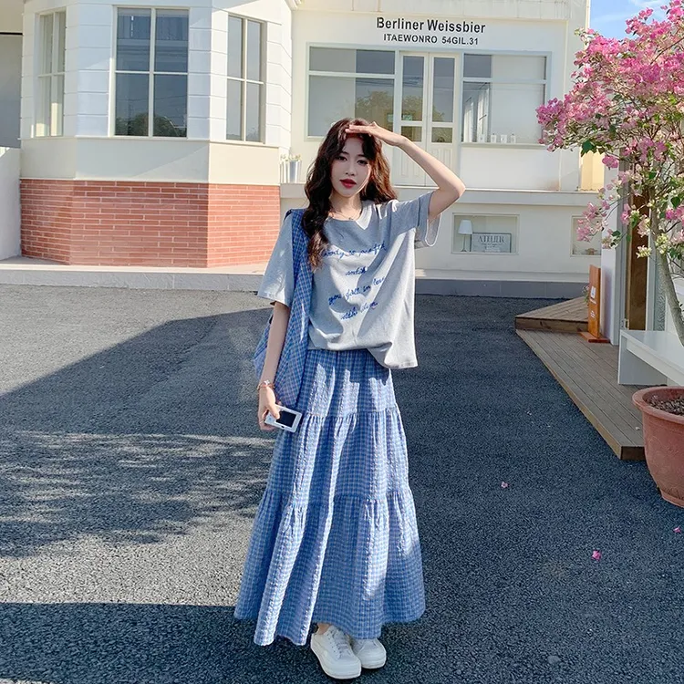 学院风休闲减龄短袖t恤套装裙女夏季2025年新款格子半身裙两件套