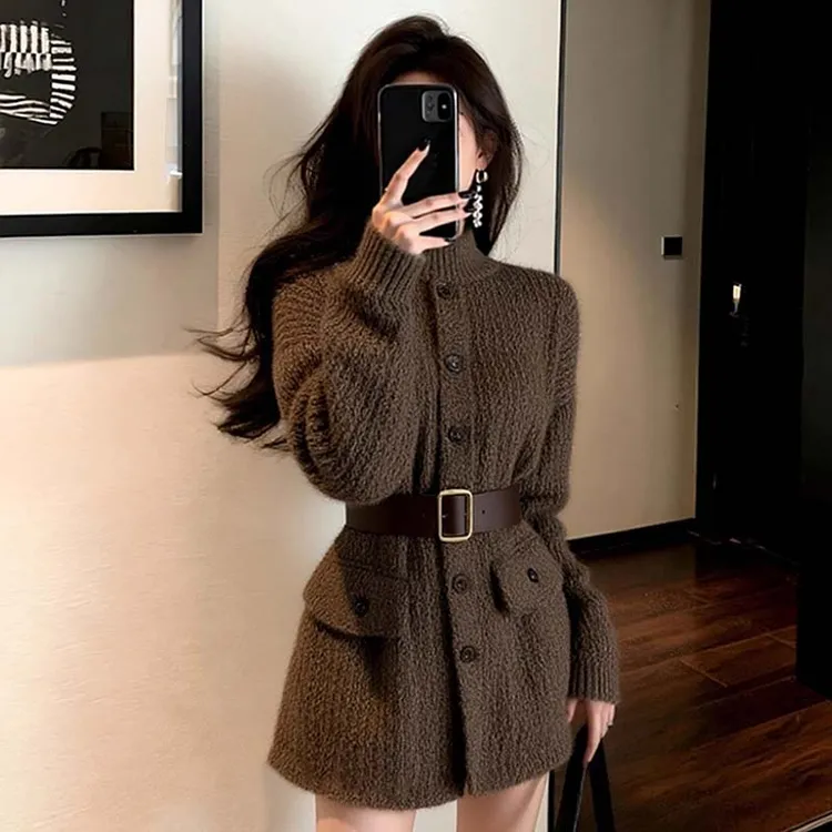 【含腰带】流行小香风收腰毛衣女开衫外套显瘦气质老钱风上衣ZH0032