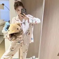 春秋季睡衣甜美ins风粉条纹KT猫女士家居服可外穿
