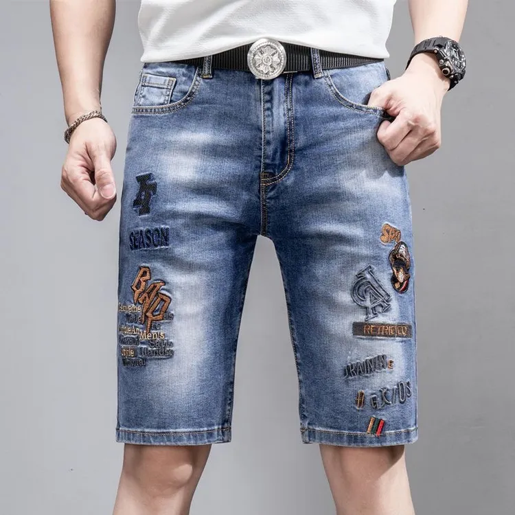 夏季薄款男士刺绣五分牛仔短裤男款潮牌修身弹力潮流2025新款中裤