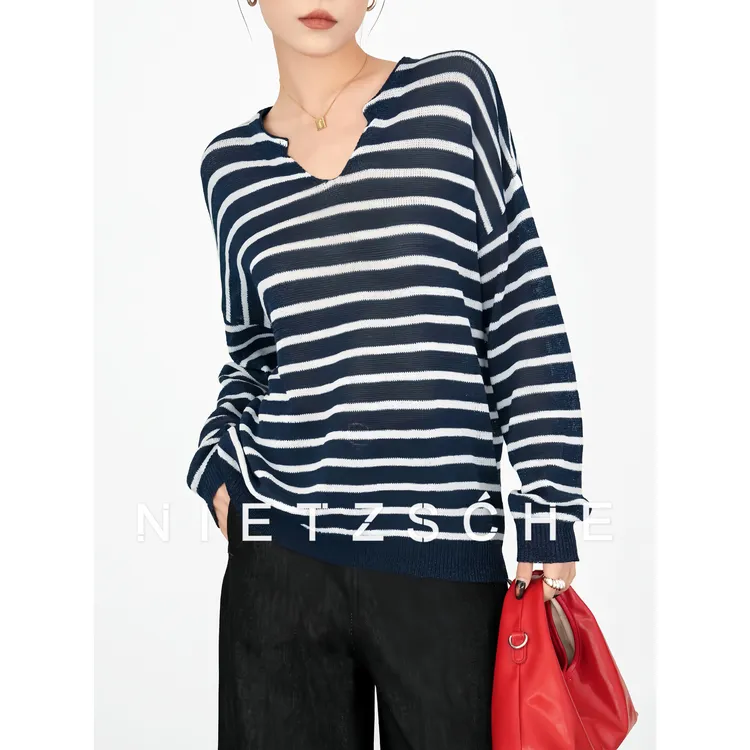 Nietzsche｜老钱海魂衫｜进口和纸 松弛感条纹圆V领针织罩衫25216