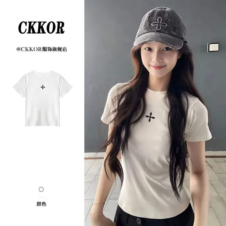 CKKOR复古美式夏季新款正肩短袖t恤女修身显瘦穿搭百搭纯欲风上衣