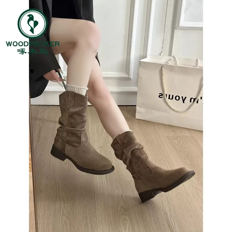 啄木鸟美拉德中筒靴子女2025新款秋西部牛仔堆堆靴勃肯短靴马丁靴