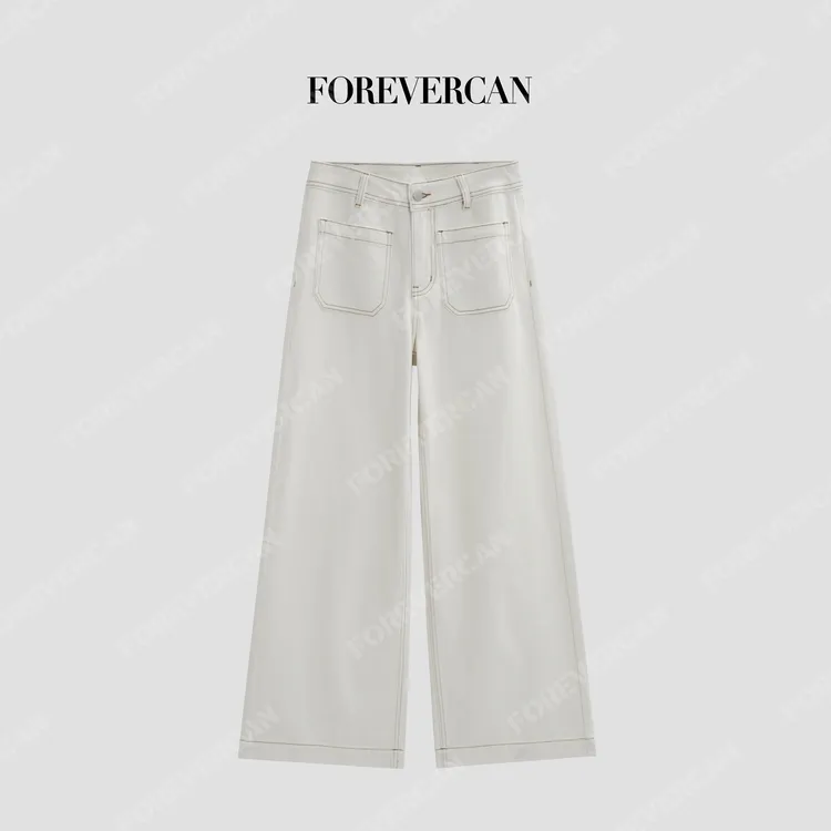 FOREVERCAN“松弛奥义”修身显瘦提臀撞色线牛仔阔腿裤WP30705