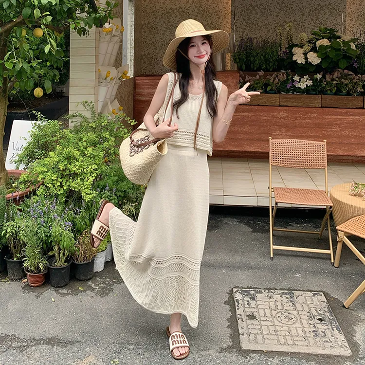 温柔气质甜美风套装裙女2025年夏季新款针织无袖上衣半身裙两件套