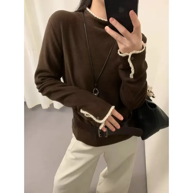 欧货秋冬新款长袖T恤女修身显瘦蕾丝拼接打底衫百搭上衣