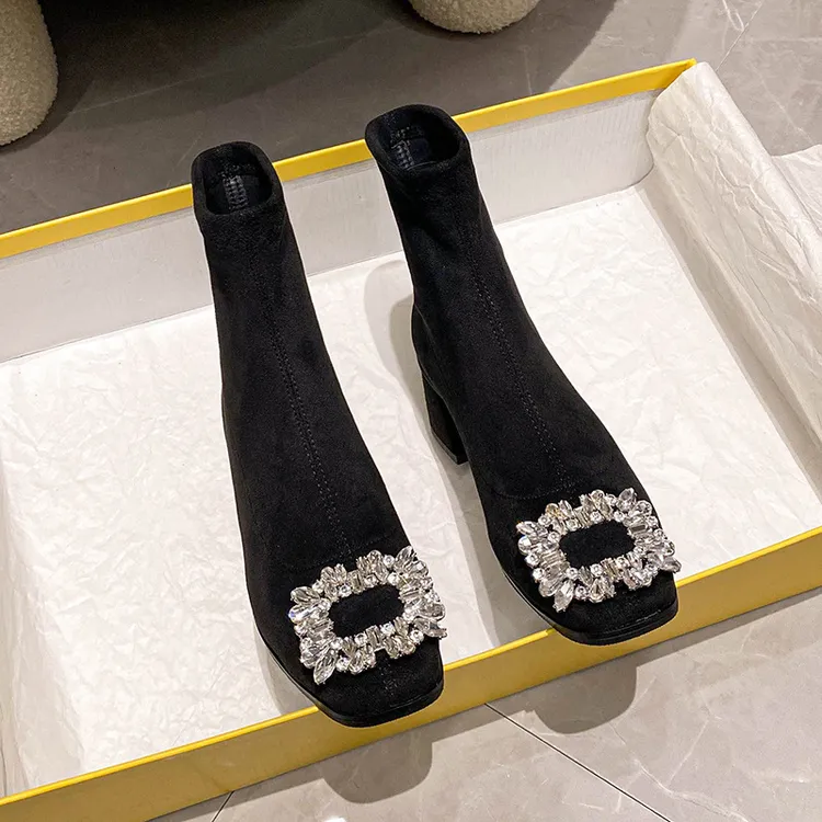 2025秋冬新款绒面方头短靴水钻方扣高跟瘦瘦靴加绒弹力靴百搭女靴
