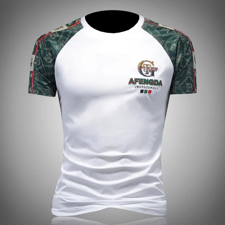 短袖男士T恤欧洲站美潮高端时尚夏季圆领t恤个性拼接刺绣修身半袖