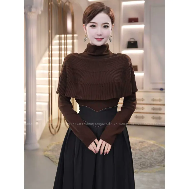 2025秋冬新款【8397】含绵羊毛韩系气质极简假两件咖色针织衫毛衣女