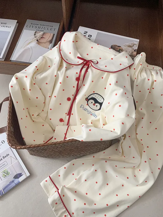 可爱甜美卡通波点企鹅睡衣女春秋2025新款纯棉长袖宽松家居服套装