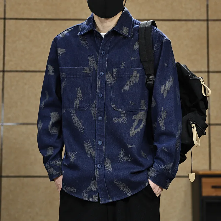 美式复古色织提花牛仔衬衫男长袖2025新款宽松工装衬衣男春秋外套
