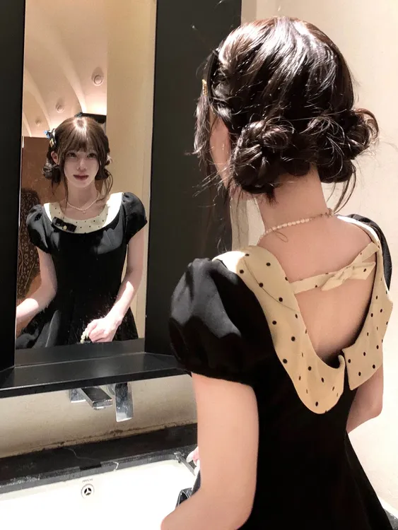 奶糖~心动小礼裙miu系法式泡泡袖连衣裙小黑裙收腰显瘦女