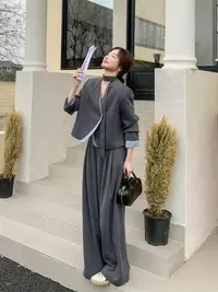 ZX6084飘带拼接灰色西装套装女春秋两件套流行阔腿裤两件套高级感