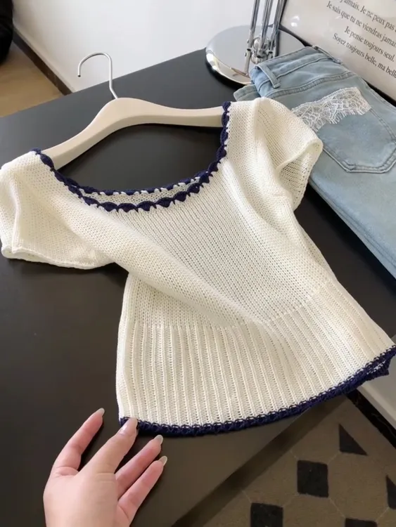 美式撞色圆领冰丝针织短袖t恤女夏季小个子修身显瘦正肩短款上衣