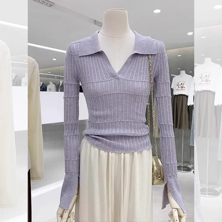 紫色百搭针织衫女春季内搭可外穿毛衣设计感小众修身打底衫上衣