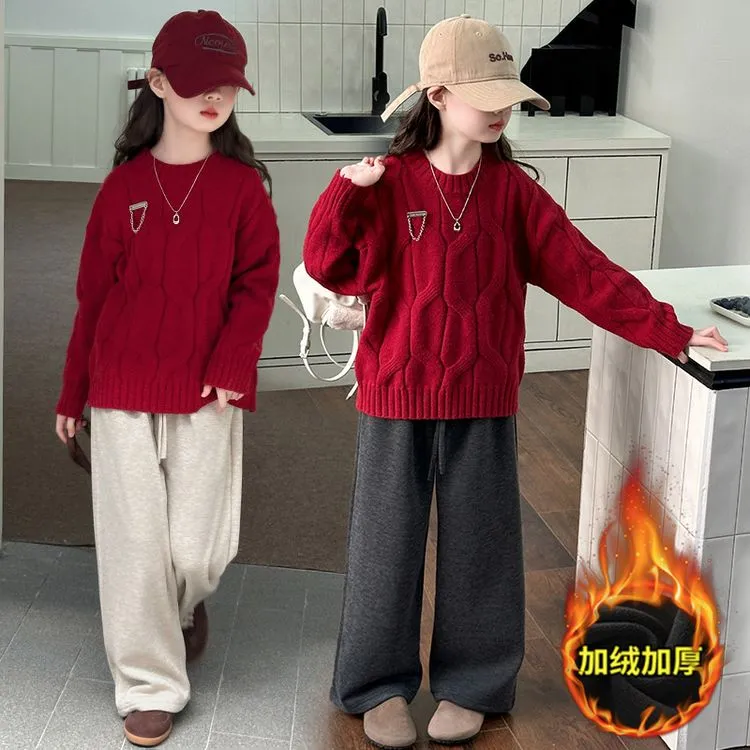 女童糯米裤子初中生洋气儿童直筒糯米裤女孩大童冬季羊羔绒阔腿裤