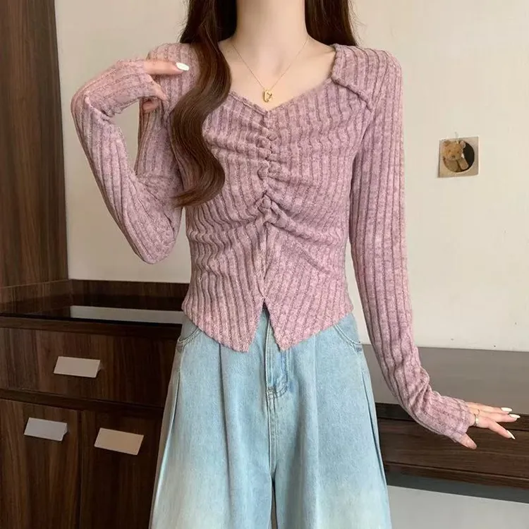 大码胖mm200斤独特小众辣妹V领掐腰长袖t恤女秋冬季显瘦气质上衣