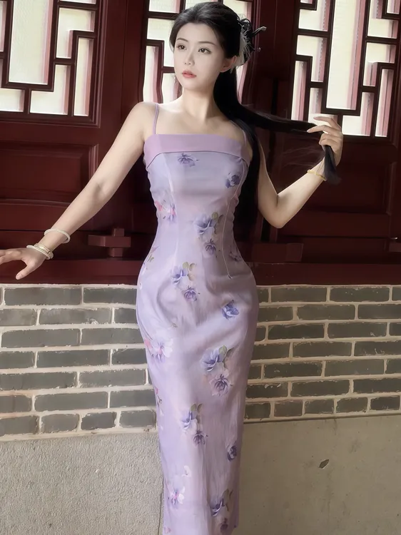 【藕荷】新中式紫色印花弹力修身吊带裙清新气质夏天包臀长裙