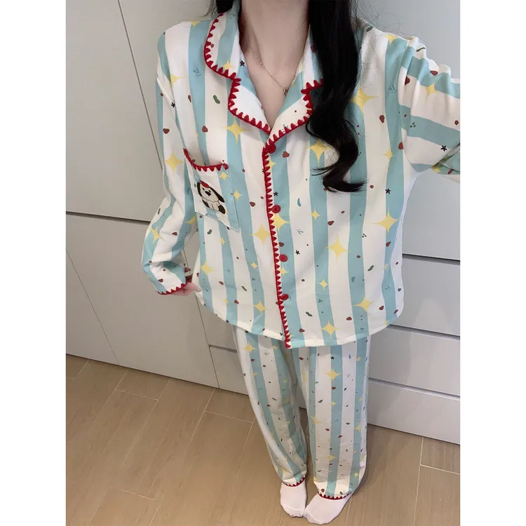 Meng luan/梦鸾德绒长袖睡衣女带胸垫秋冬薄绒日系可爱条纹家居服