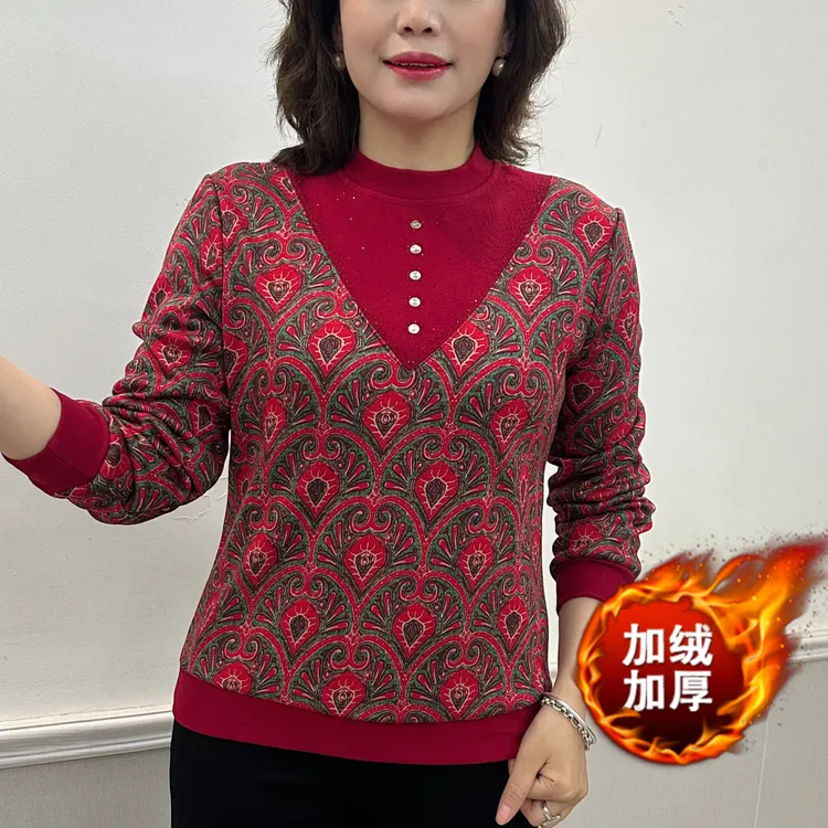 2026冬季新款洋气印花假两件上衣中老年妈妈装时尚加绒长袖小衫女