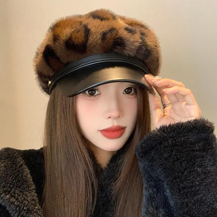 CanaryKiss水貂毛报童帽女皮质保暖豹纹贝雷帽复古鸭舌帽子显脸小