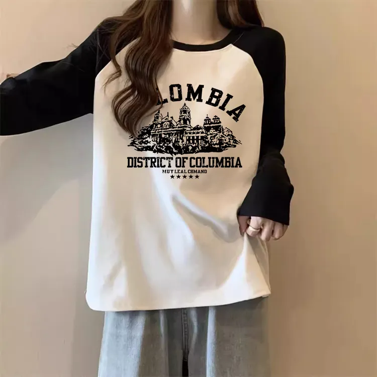 美式撞色插肩长袖t恤女宽松2025春秋新款巨好看减龄洋气纯棉上衣