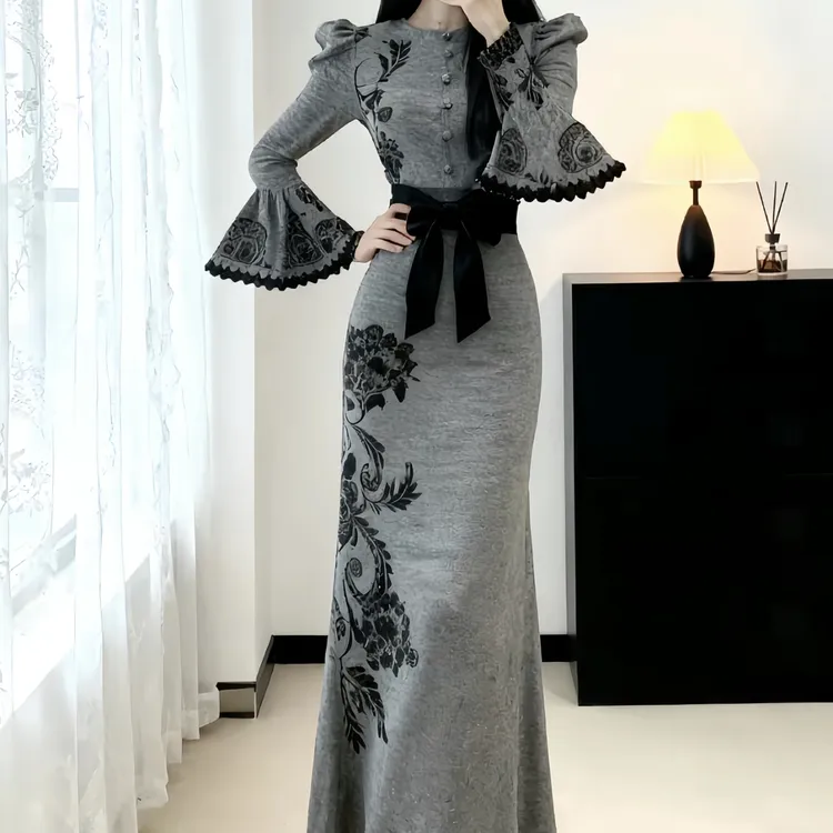 国风新中式撞色蕾丝贴花高领披肩气质旗袍裙套装