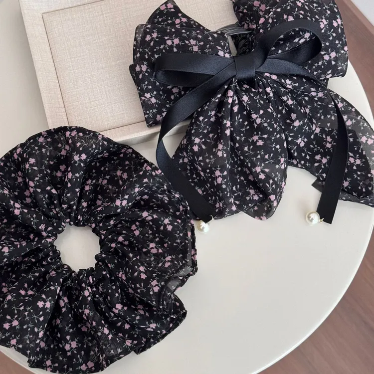 法式复古碎花蝴蝶结飘带抓夹优雅高级感低马尾发夹后脑勺发圈饰品