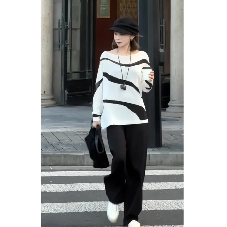 2025早秋新款女老钱风高级感慵懒宽松针织罩衫上衣高腰显瘦阔腿裤