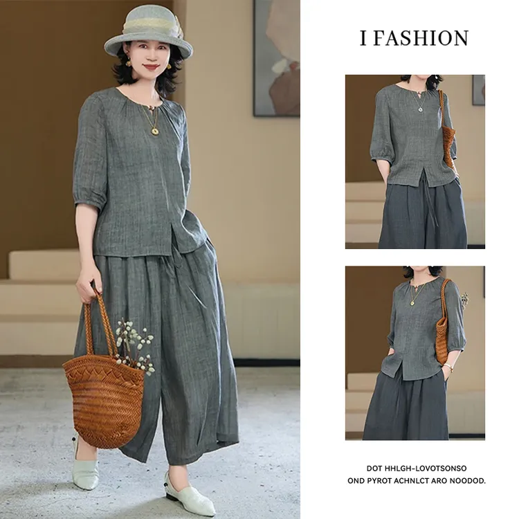 慵懒风时尚百搭套装女2025夏季新款宽松显瘦圆领衬衣阔腿裤两件套