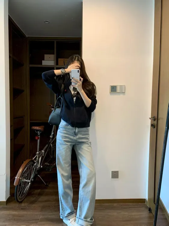 美式复古针织开衫毛衣女2025秋季新款修身短款外套高腰阔腿牛仔裤