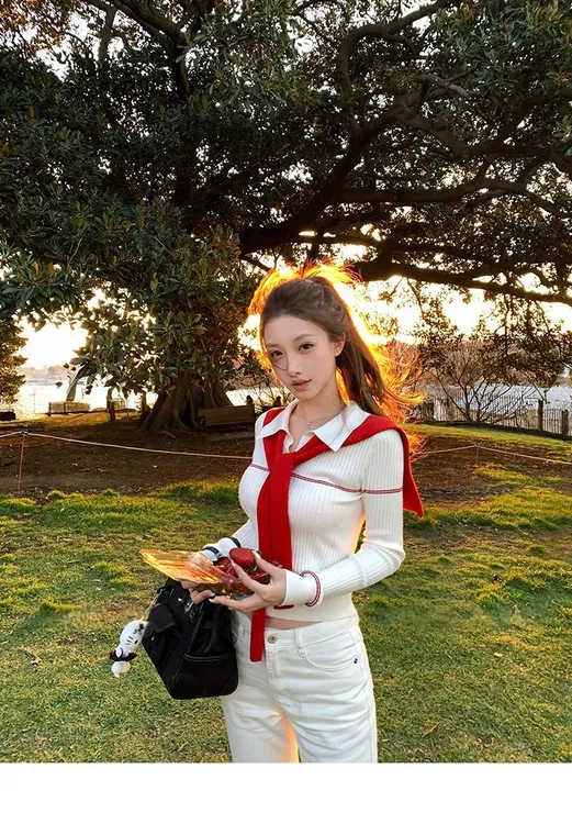 韩系红色披肩polo领针织衫女早秋季毛衣内搭修身显瘦短款长袖上衣