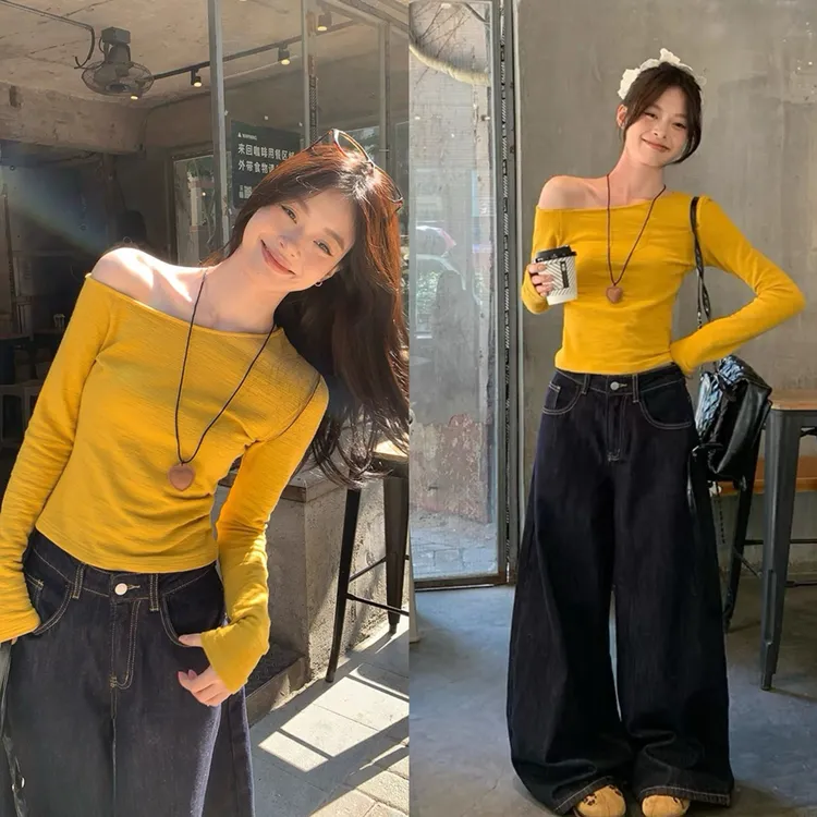 2025早秋新款大码胖MM黄色斜肩纯欲长袖t恤宽松阔腿裤两件套