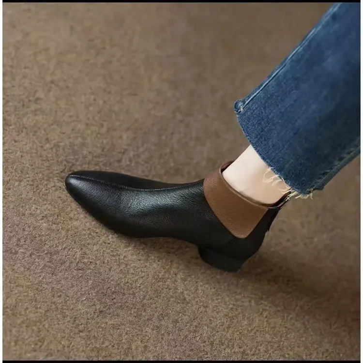 【红姐专属】新款百搭气质中跟拼色短靴时尚爆款百搭软底软皮