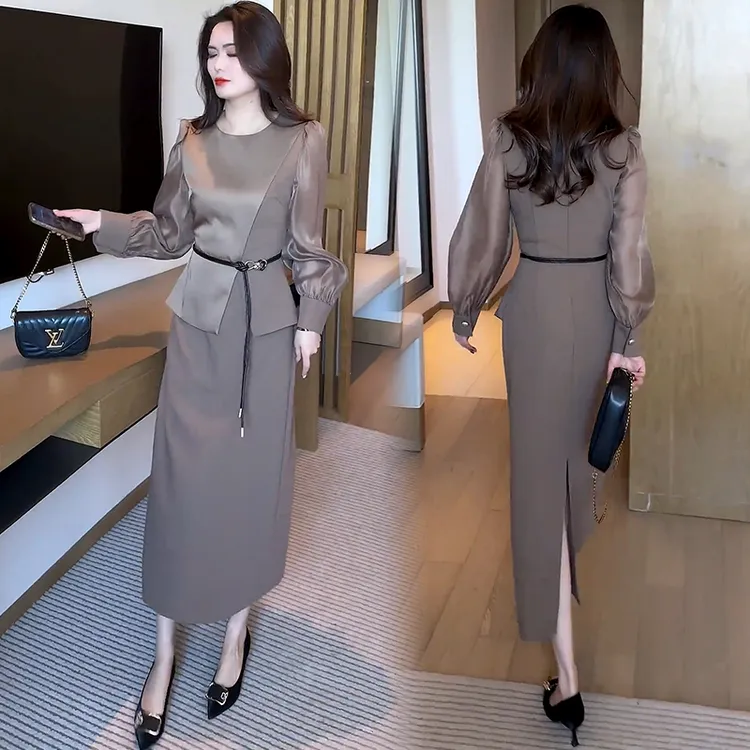 时尚连衣裙女春秋新款洋气收腰显瘦假两件拼接长袖系带中长款裙子