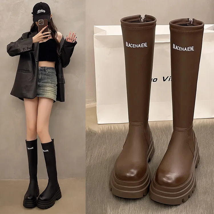 厚底增高7公分小个子时尚百搭秋冬骑士弹力不过膝长筒靴瘦瘦靴