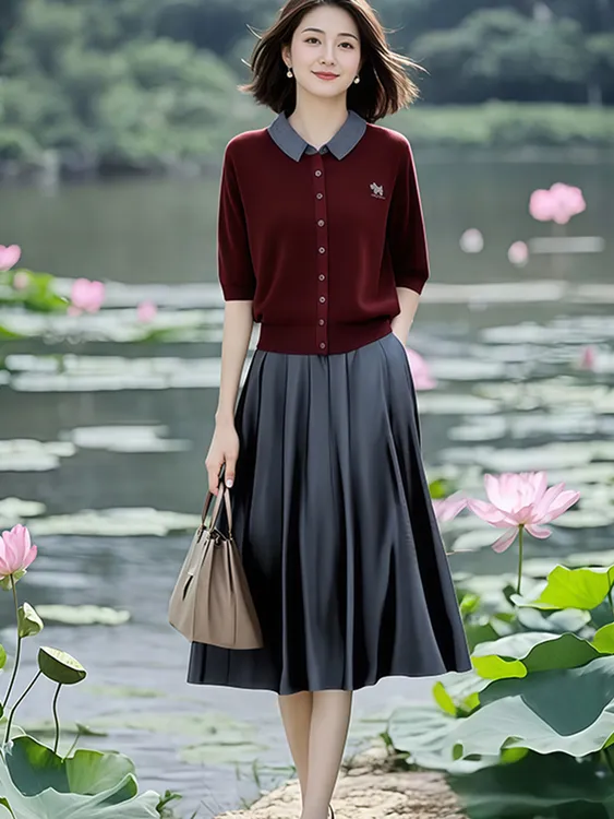 时尚娃娃领撞色五分袖套头针织衫女秋2025新款松紧后腰半身裙套装