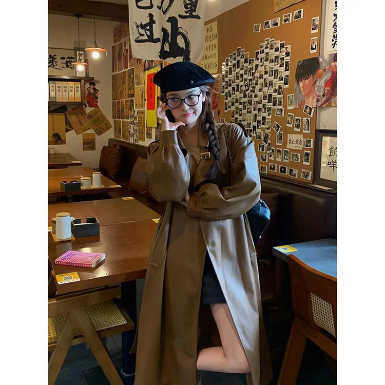 VOCKOO官方棕色皮衣外套女2025秋季新款小个子覆古中长款pu皮风衣