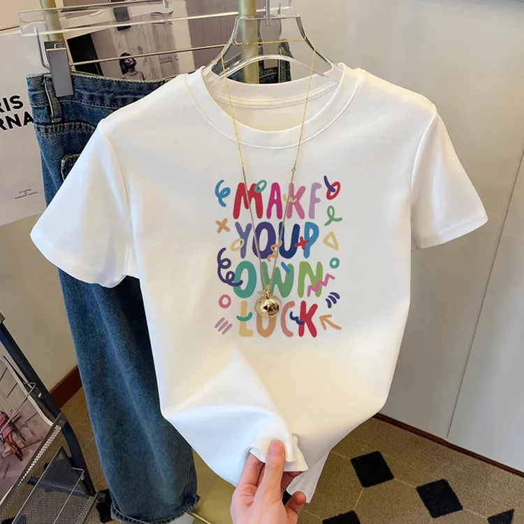 欧货白色彩色字母印花短袖t恤女2025夏季宽松时尚休闲上衣